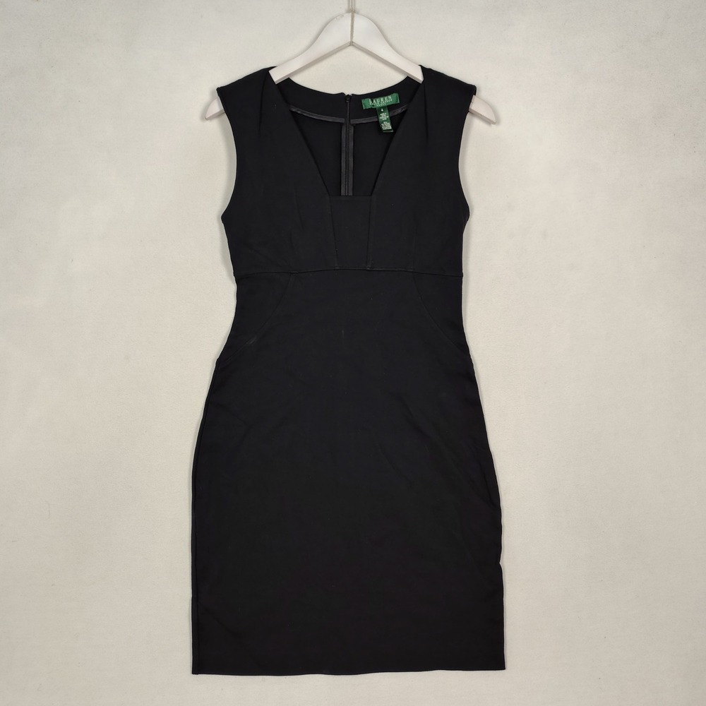 Lauren Ralph Lauren Black Sheath Dress Square Neck Sleeveless Pockets Size 4